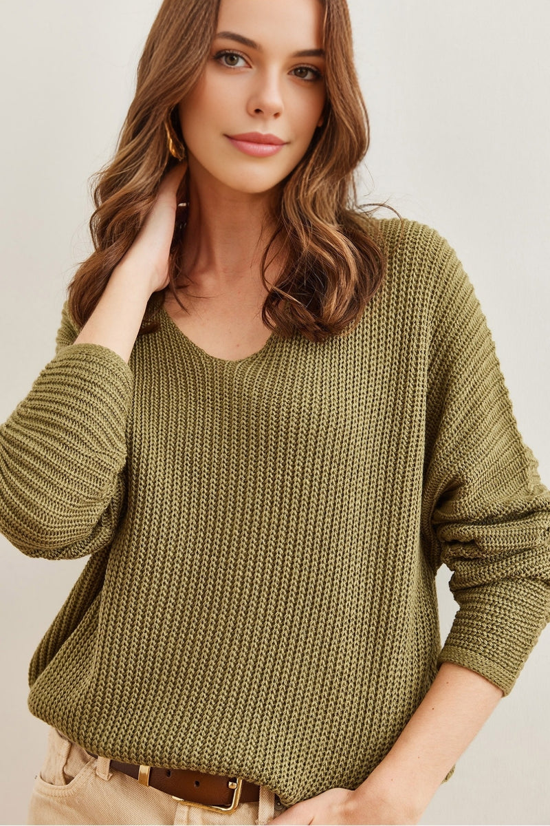 V-Neck Fisherman’s Rib Knit Oversized Sweater