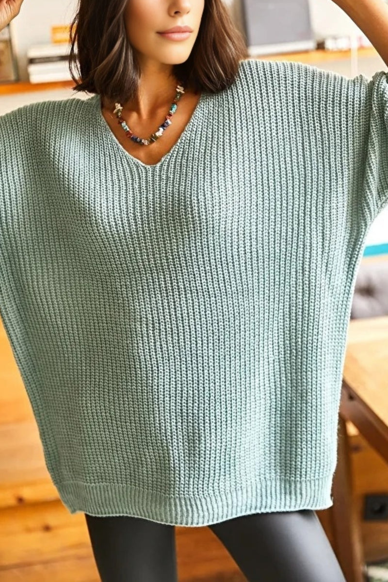 V-Neck Fisherman’s Rib Knit Oversized Sweater