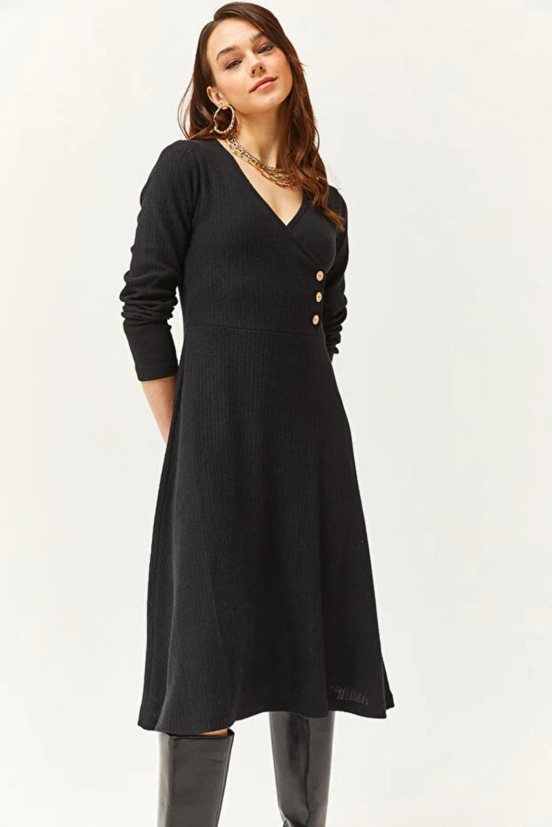 Double-Breasted Midi A-Line Dress with Button Details