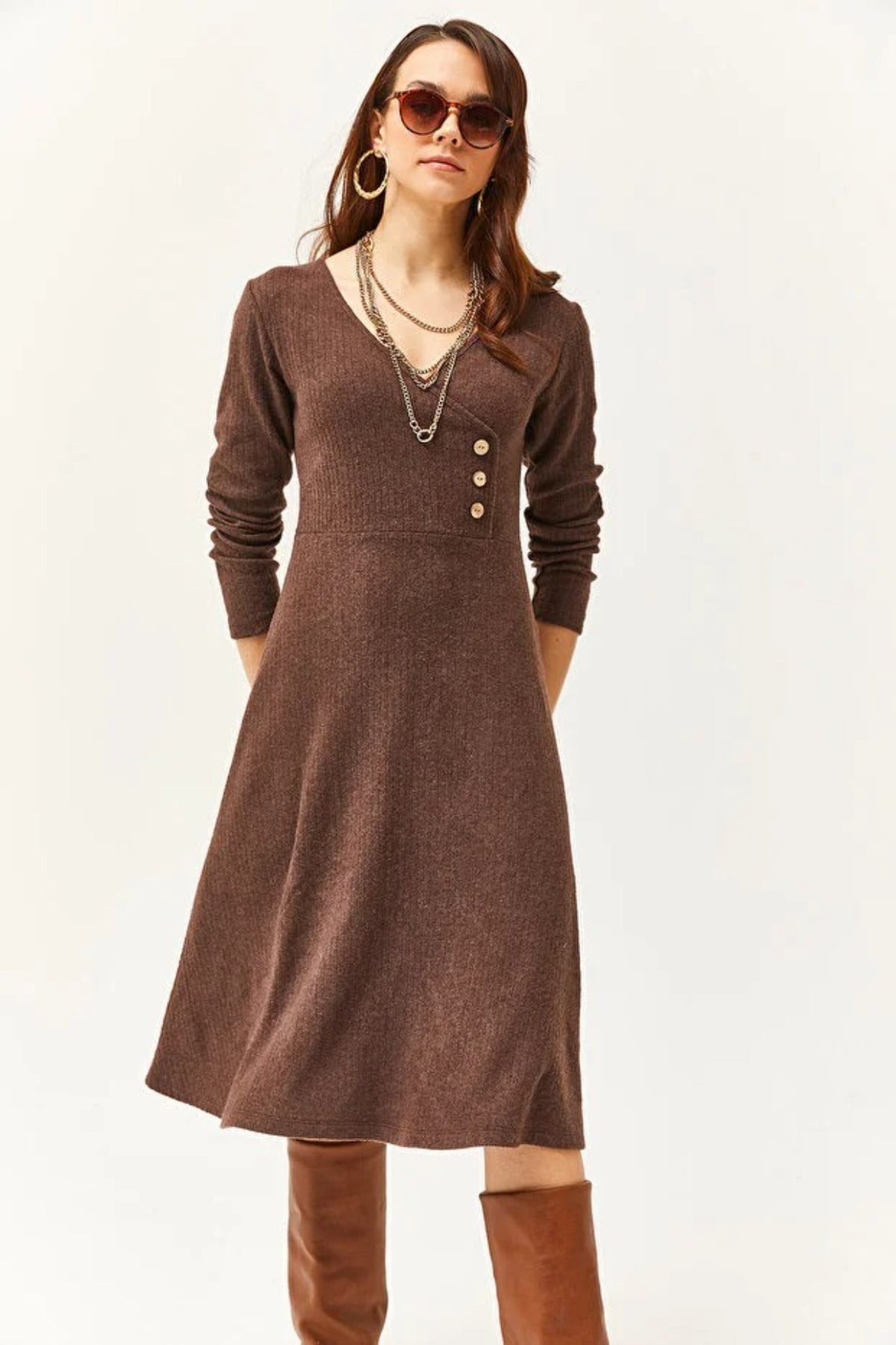 Double-Breasted Midi A-Line Dress with Button Details