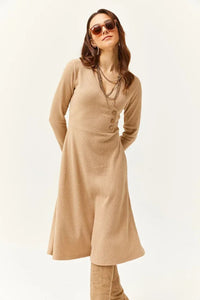 Double-Breasted Midi A-Line Dress with Button Details
