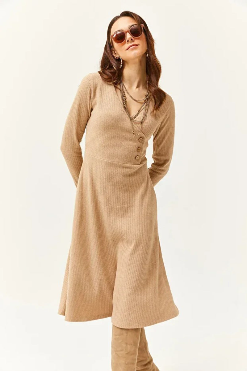 Double-Breasted Midi A-Line Dress with Button Details