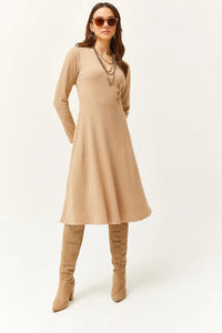 Double-Breasted Midi A-Line Dress with Button Details