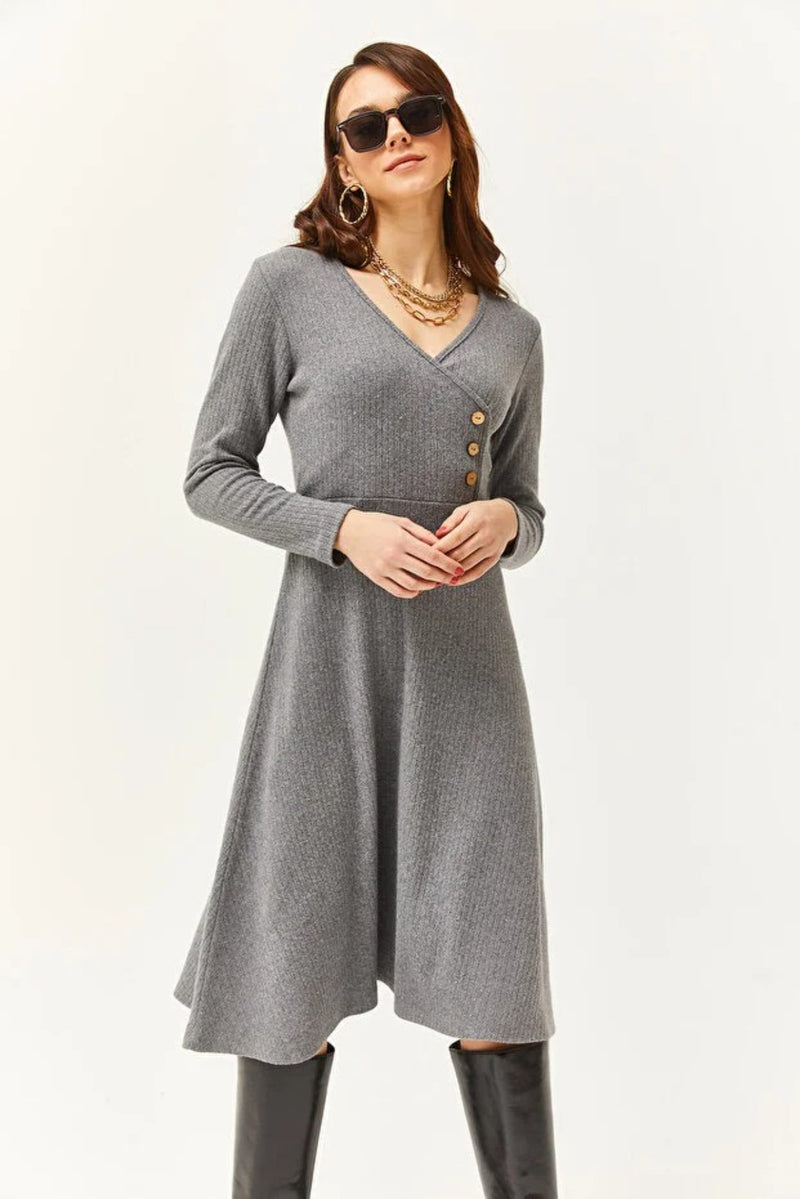 Double-Breasted Midi A-Line Dress with Button Details