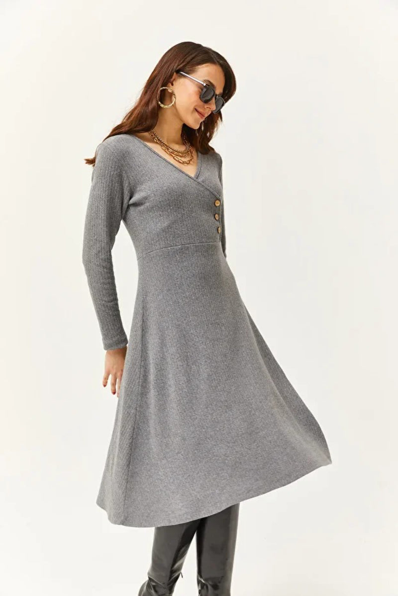 Double-Breasted Midi A-Line Dress with Button Details