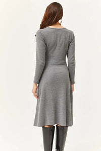 Double-Breasted Midi A-Line Dress with Button Details