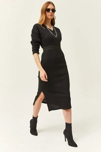V-Neck Thick Ribbed Dress with Side Slit