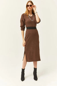 V-Neck Thick Ribbed Dress with Side Slit