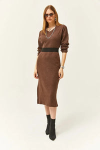 V-Neck Thick Ribbed Dress with Side Slit