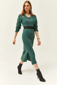 V-Neck Thick Ribbed Dress with Side Slit