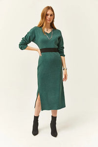 V-Neck Thick Ribbed Dress with Side Slit