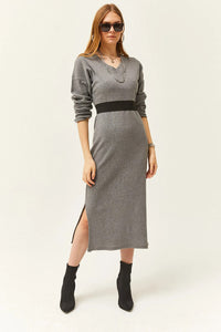 V-Neck Thick Ribbed Dress with Side Slit