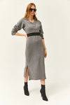 V-Neck Thick Ribbed Dress with Side Slit