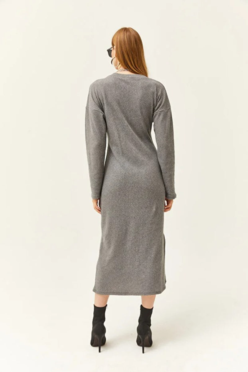 V-Neck Thick Ribbed Dress with Side Slit