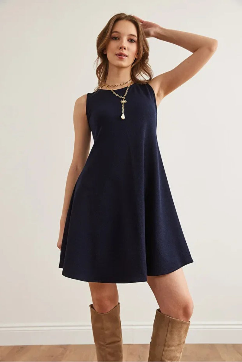 Crew Neck Flared Crepe Knit Dress