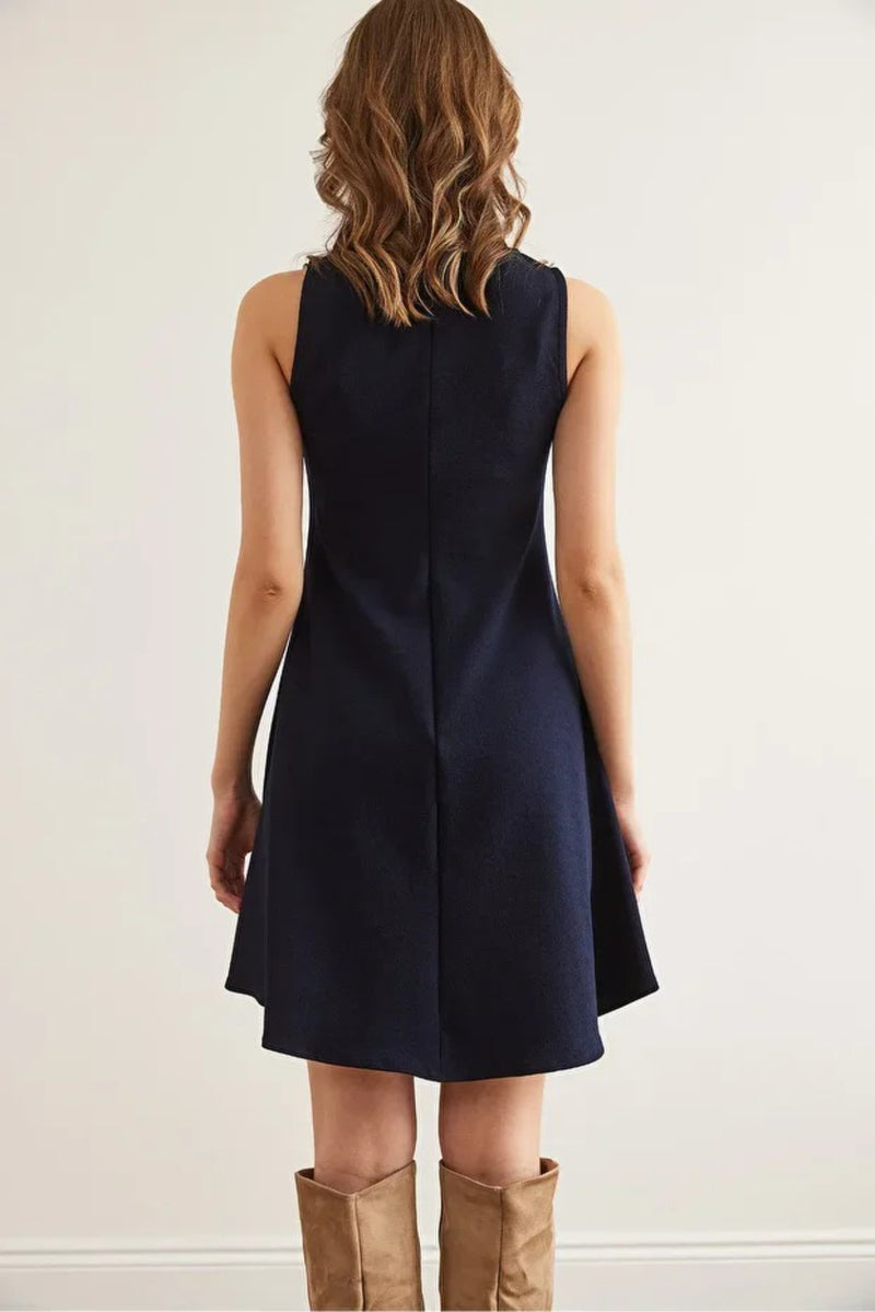Crew Neck Flared Crepe Knit Dress