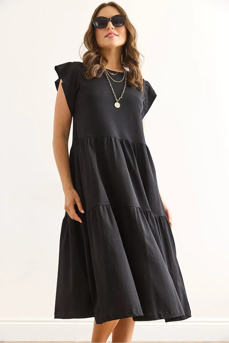 Cotton Midi Dress with Ruffled Sleeve Panels
