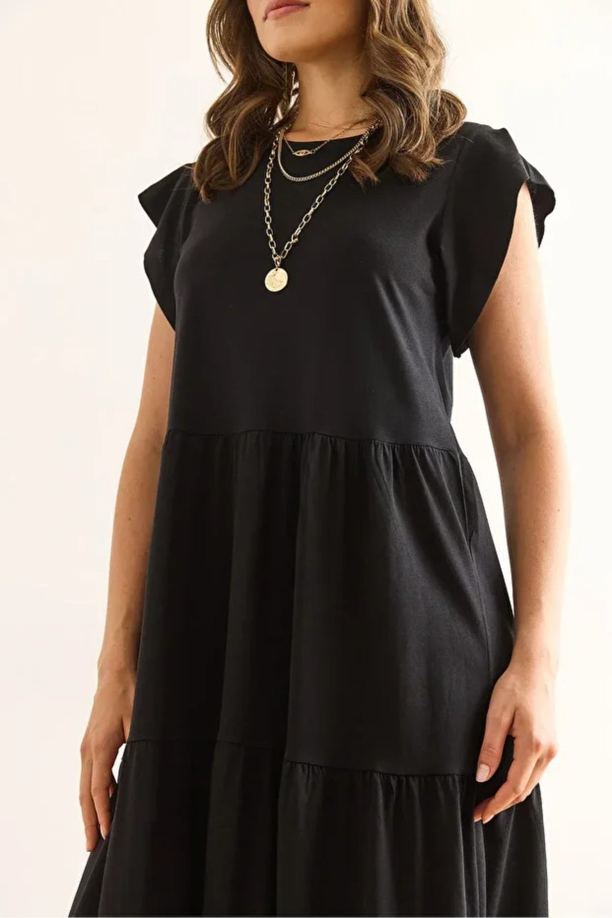 Cotton Midi Dress with Ruffled Sleeve Panels