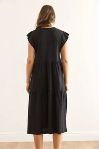 Cotton Midi Dress with Ruffled Sleeve Panels