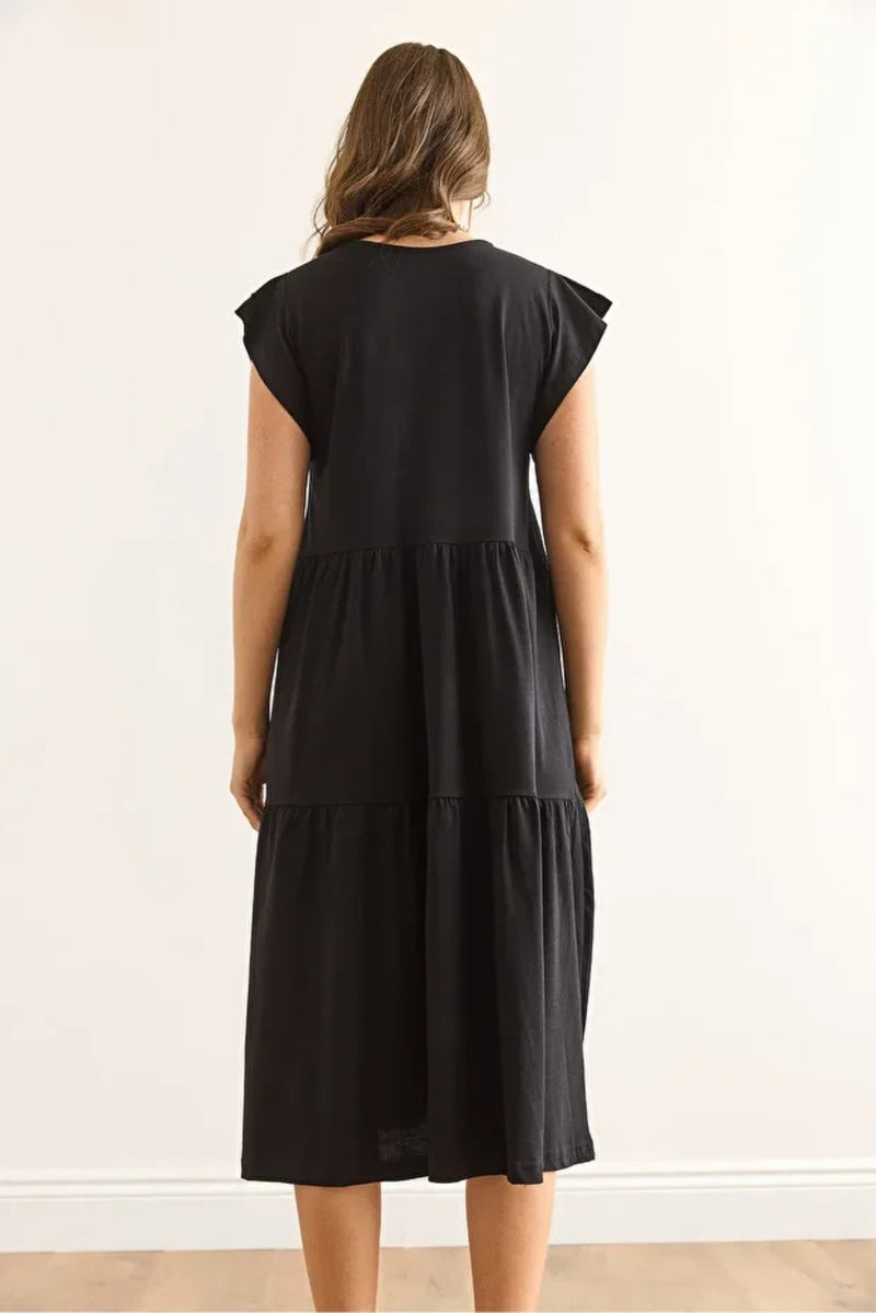 Cotton Midi Dress with Ruffled Sleeve Panels