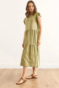 Cotton Midi Dress with Ruffled Sleeve Panels