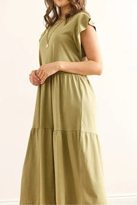 Cotton Midi Dress with Ruffled Sleeve Panels