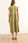 Cotton Midi Dress with Ruffled Sleeve Panels