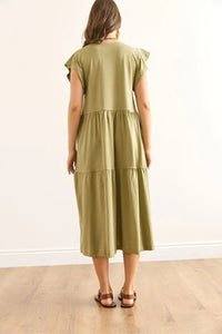 Cotton Midi Dress with Ruffled Sleeve Panels