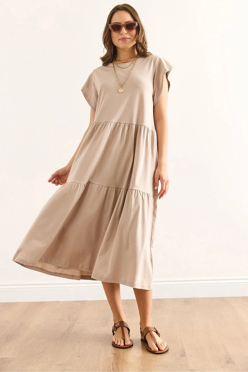 Cotton Midi Dress with Ruffled Sleeve Panels