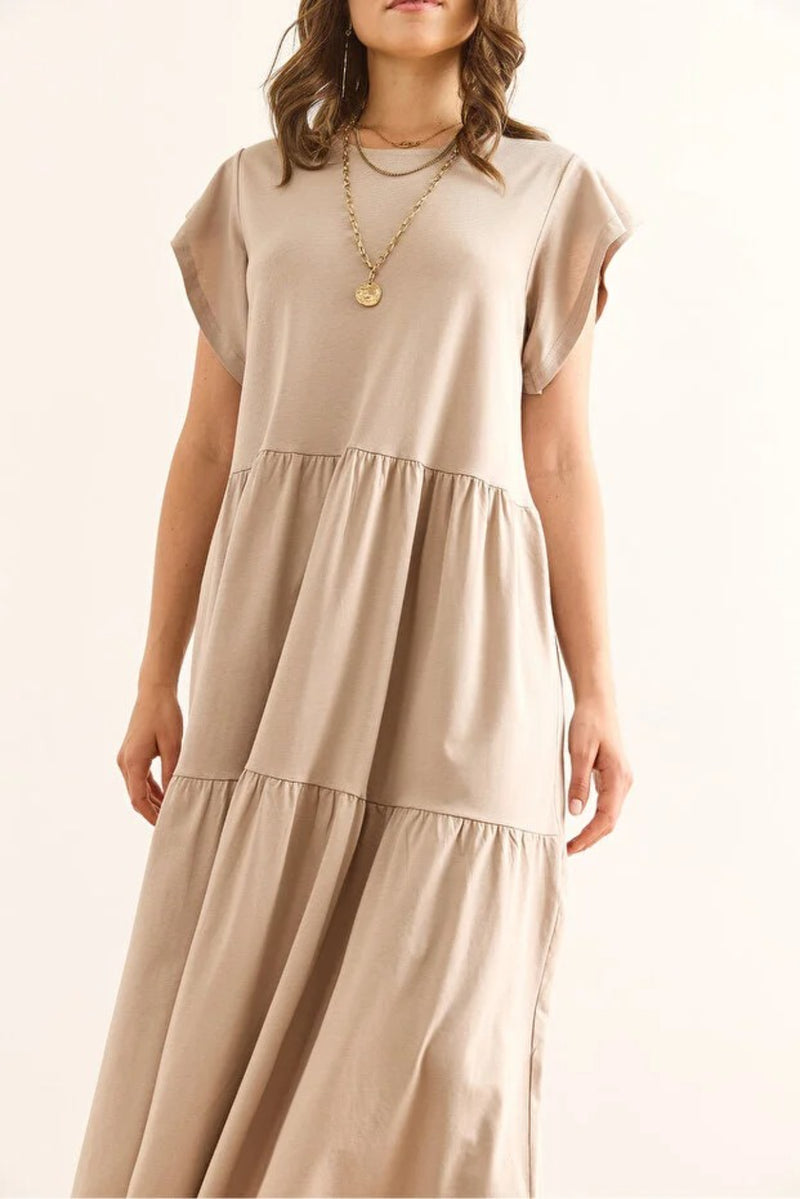 Cotton Midi Dress with Ruffled Sleeve Panels