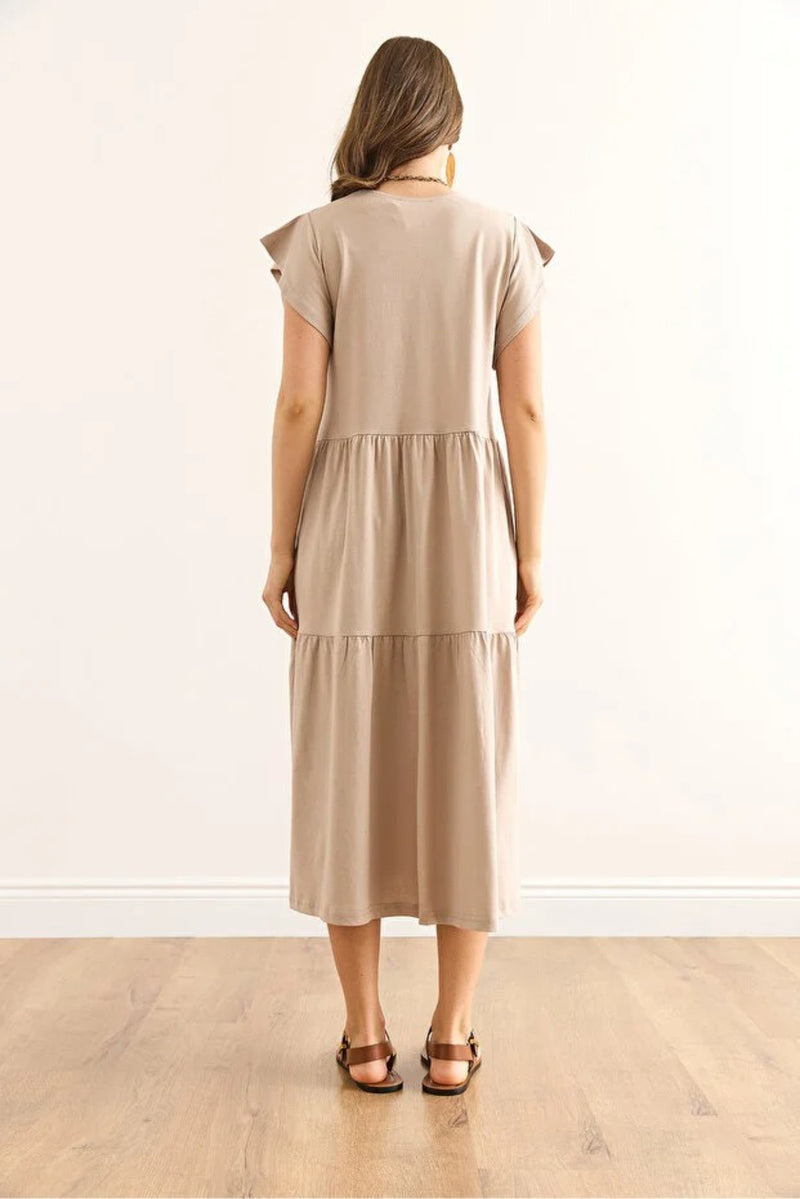 Cotton Midi Dress with Ruffled Sleeve Panels