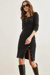 Brushed Stretch Dress with Button Details and Slit