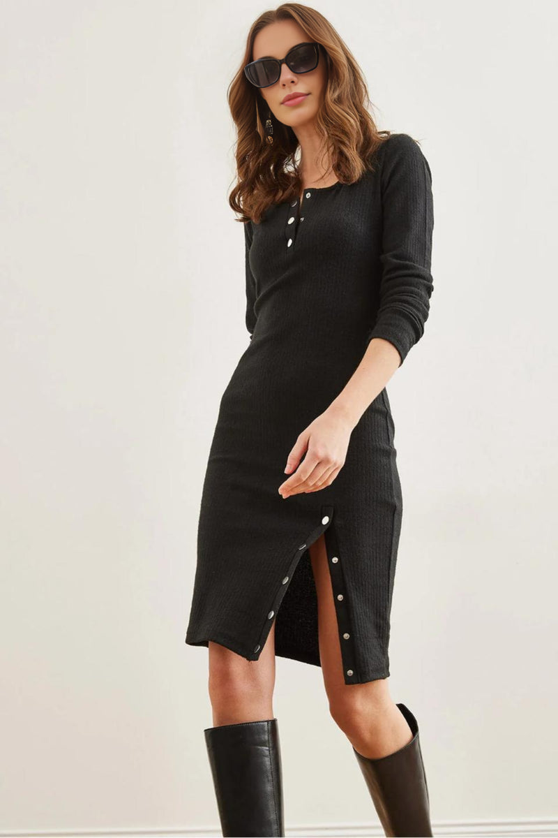 Brushed Stretch Dress with Button Details and Slit