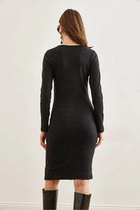 Brushed Stretch Dress with Button Details and Slit