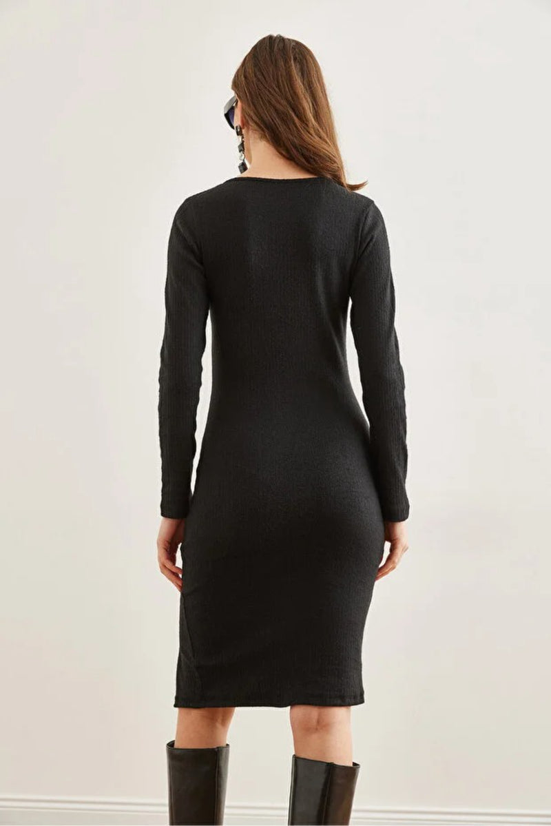 Brushed Stretch Dress with Button Details and Slit