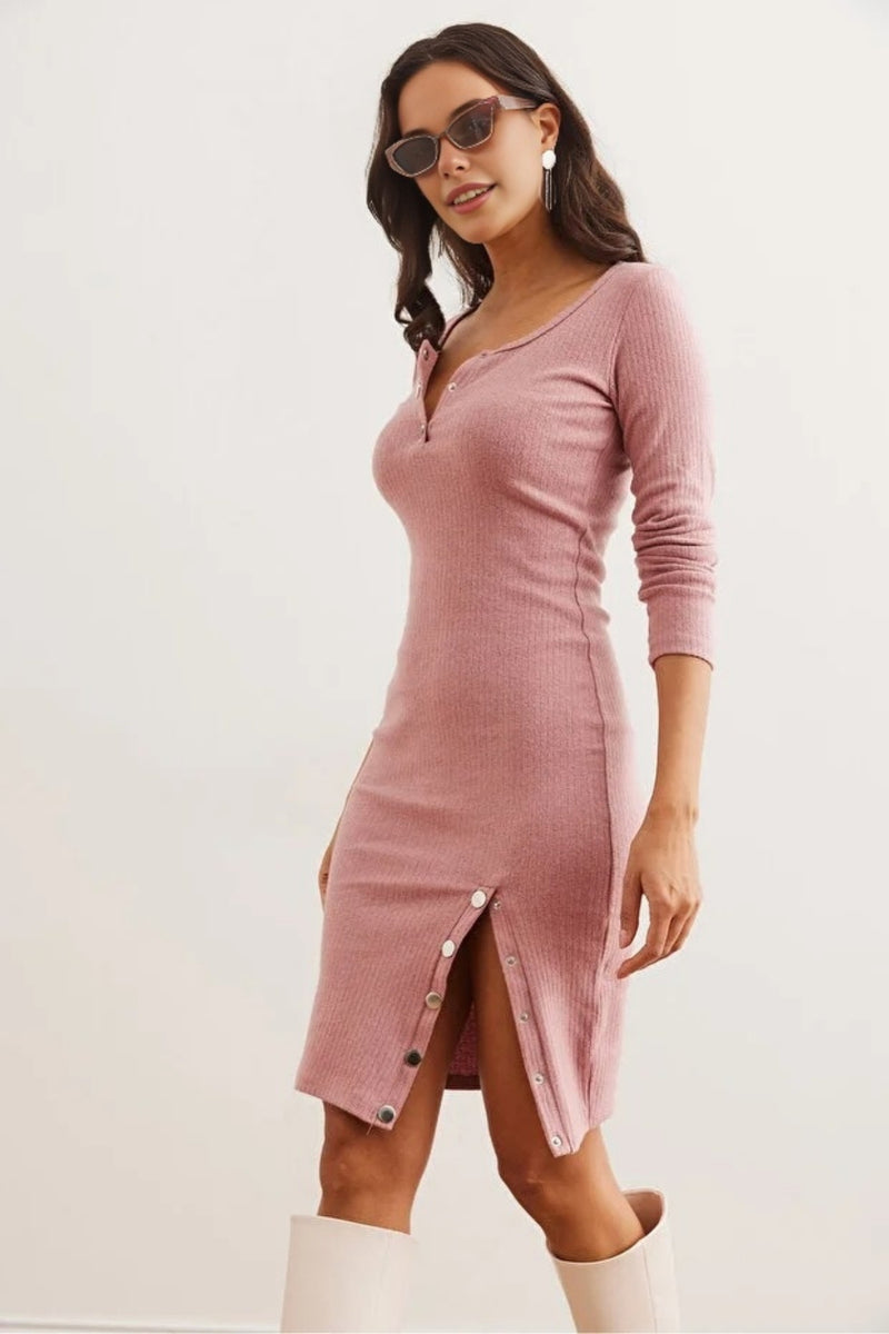 Brushed Stretch Dress with Button Details and Slit