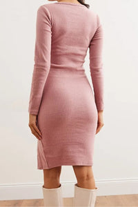 Brushed Stretch Dress with Button Details and Slit