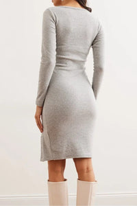 Brushed Stretch Dress with Button Details and Slit