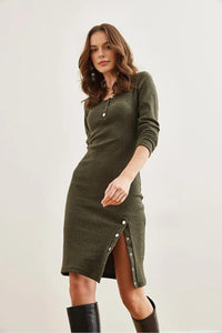 Brushed Stretch Dress with Button Details and Slit