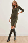 Brushed Stretch Dress with Button Details and Slit