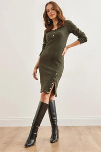 Brushed Stretch Dress with Button Details and Slit