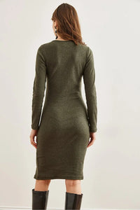 Brushed Stretch Dress with Button Details and Slit