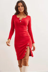 Brushed Stretch Dress with Button Details and Slit