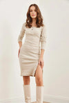 Brushed Stretch Dress with Button Details and Slit