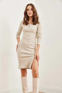 Brushed Stretch Dress with Button Details and Slit
