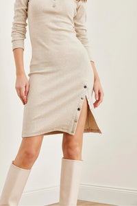 Brushed Stretch Dress with Button Details and Slit