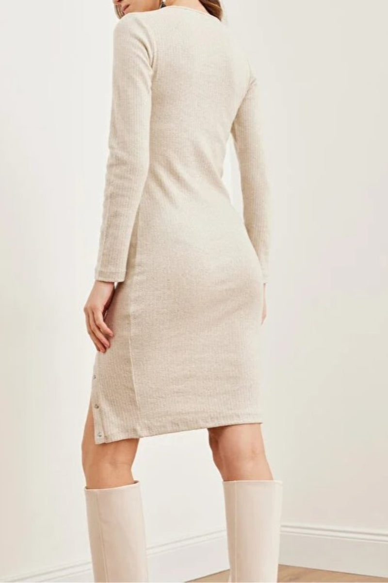 Brushed Stretch Dress with Button Details and Slit