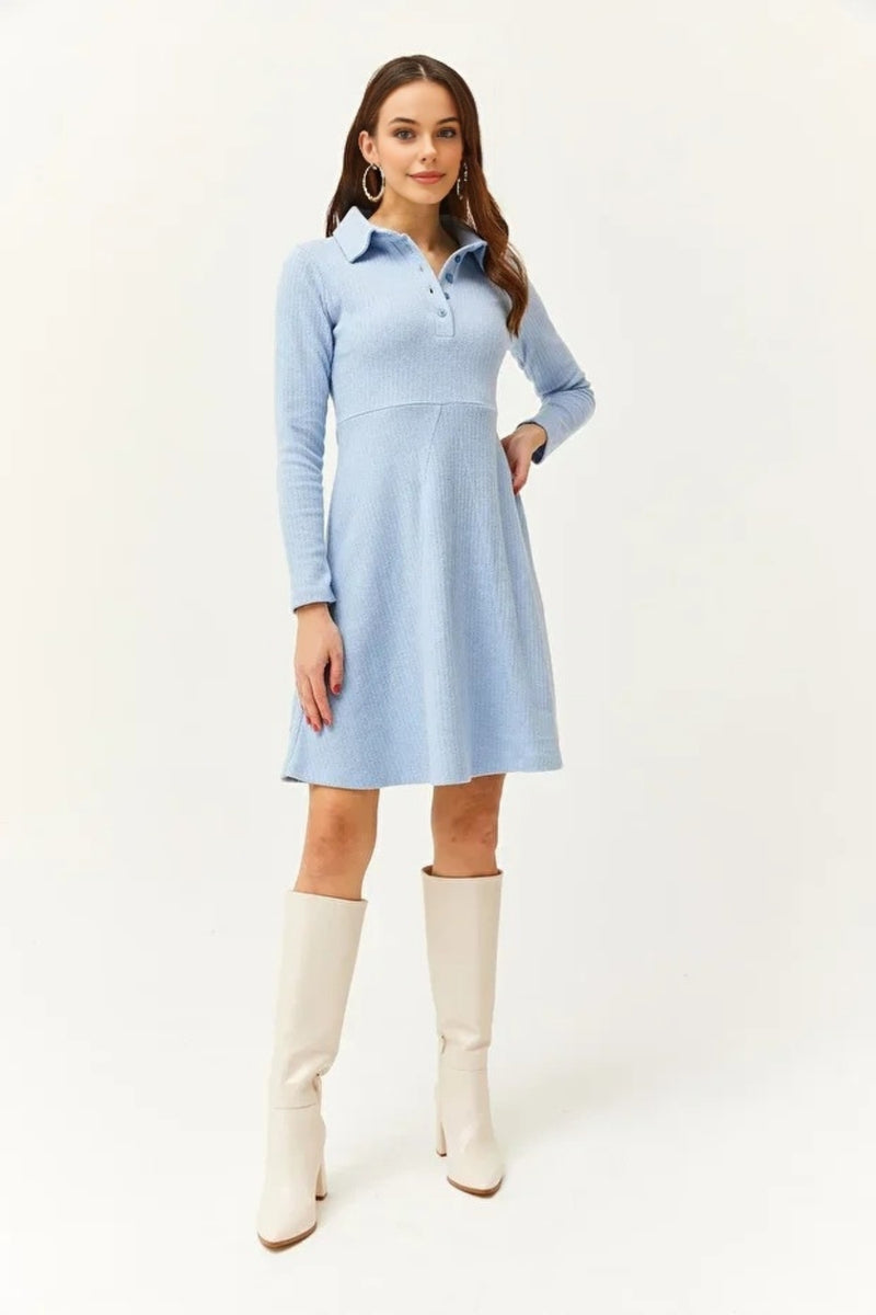 Polo Collar Buttoned Mini Flared Dress