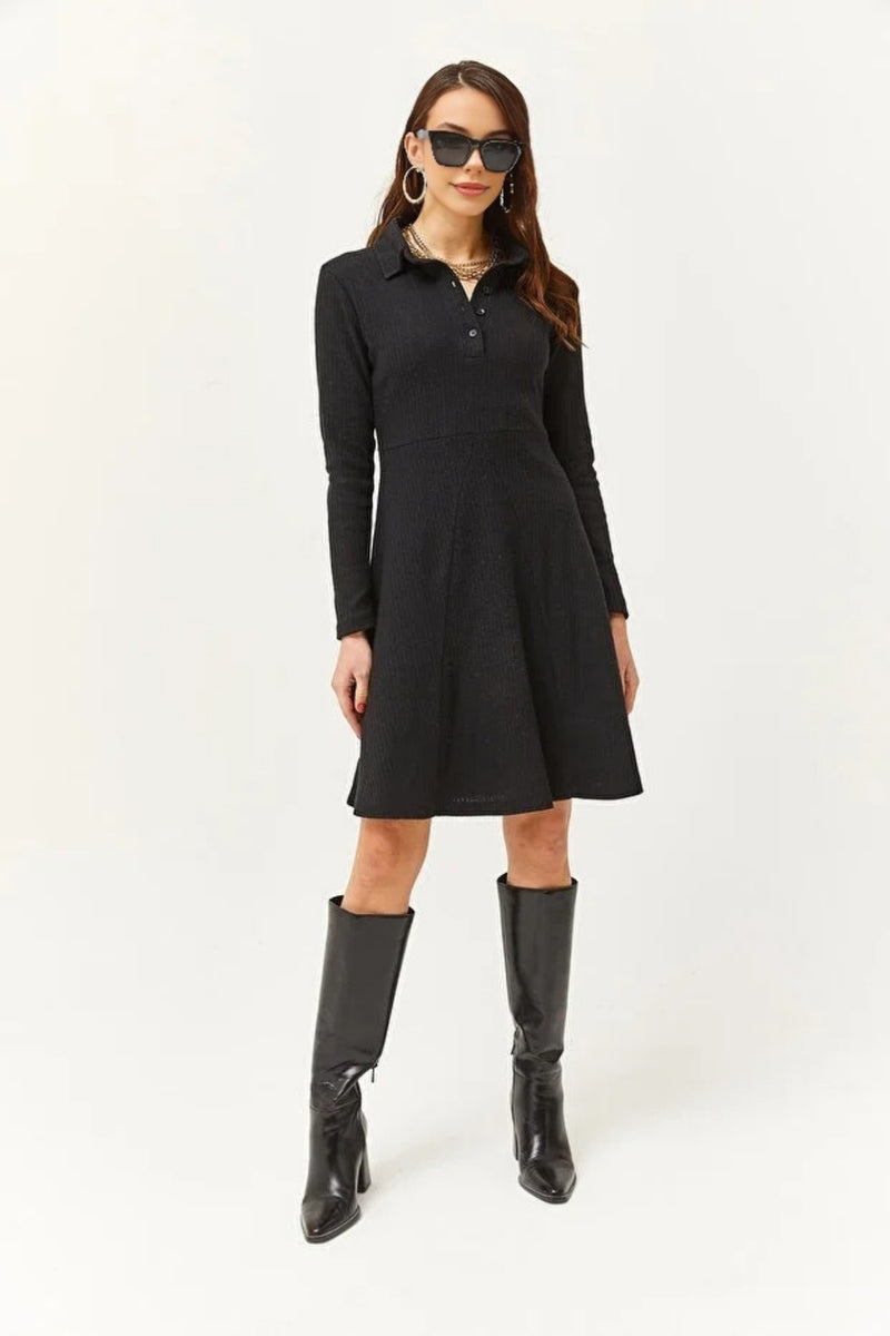 Polo Collar Buttoned Mini Flared Dress
