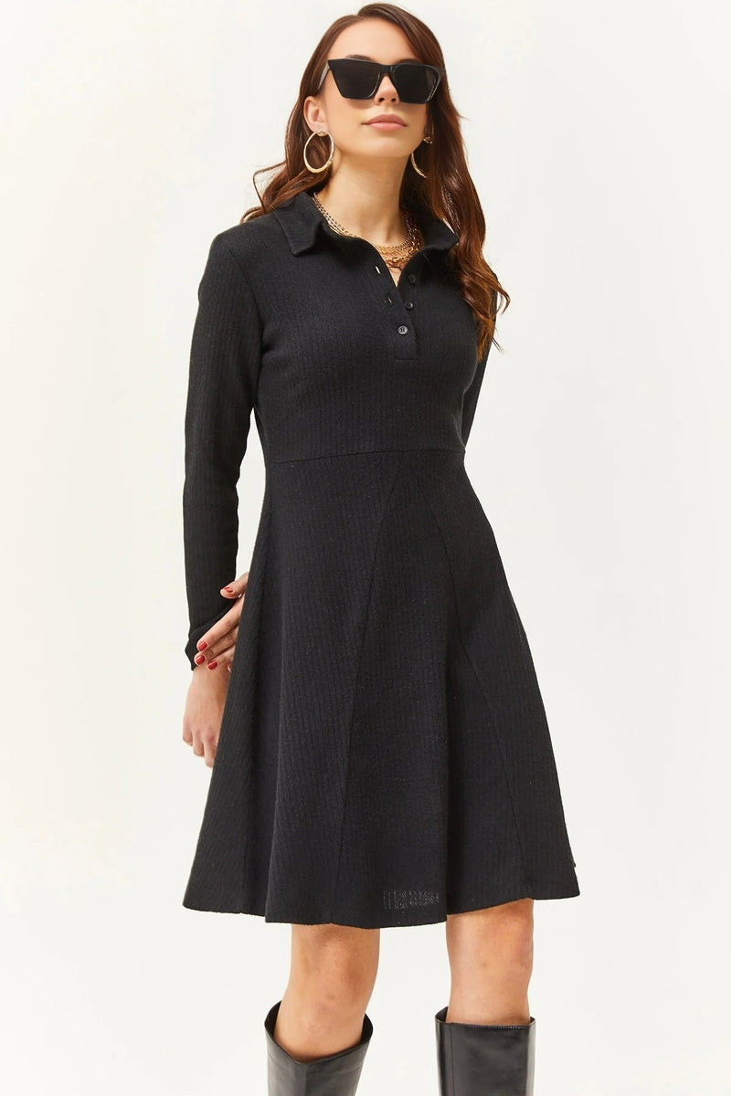 Polo Collar Buttoned Mini Flared Dress